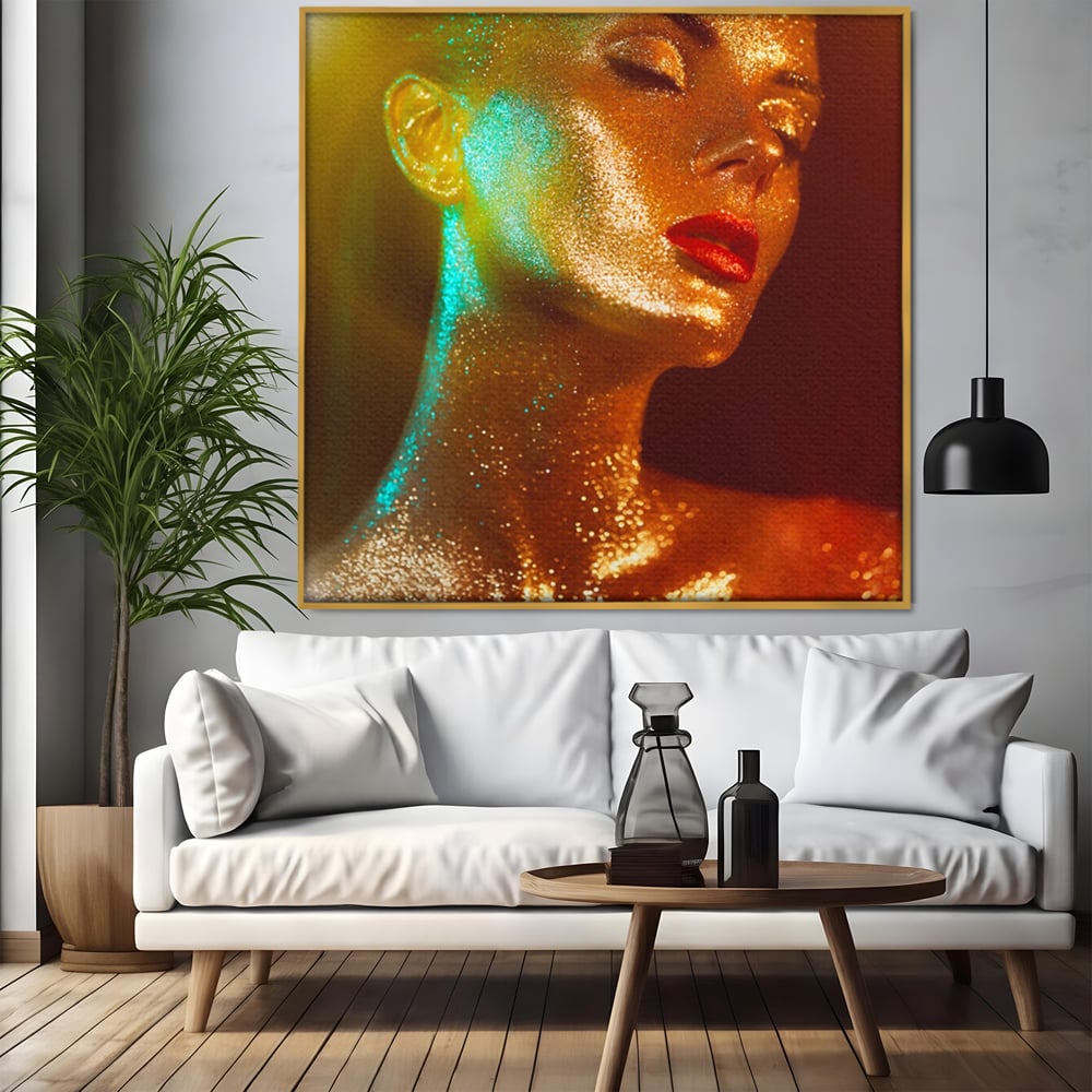 Tablou canvas cu tablou canvas cu femeie si sclipici auriu, in rama de aluminiu auriu, pe perete intr-un living